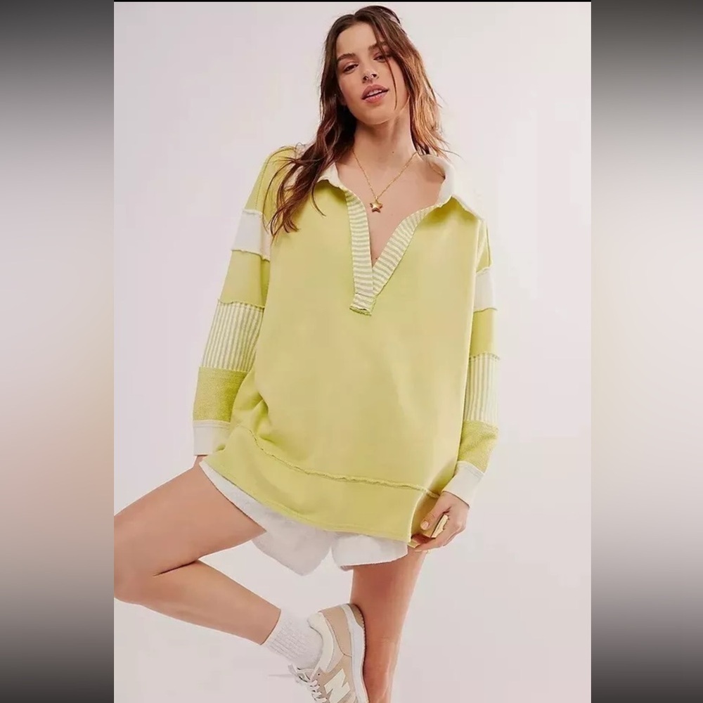 Free People Clean Prep Pullover Sunny Lime Combo XS OVERSIZED